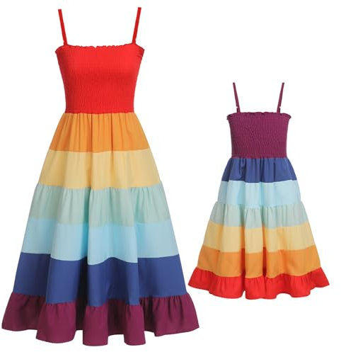 IMEKIS Mutter und Tochter Passendes Kleid Frauen Mädchen Off Shoulder Blumendruck Sommerkleid Familie Passendes Outfit Eltern Kind Lässig Langes Kleid Regenbogen XL