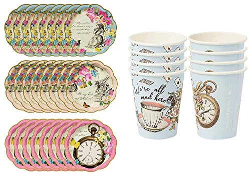 Talking Tables Confezione da 24 piatti di carta usa e getta a tema Alice nel Paese delle Meraviglie & Confezione da 8 bicchieri di carta Alice nel paese delle meraviglie | Stoviglie monouso