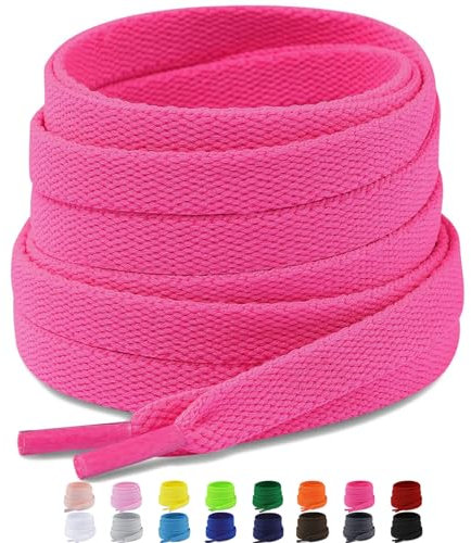 Puzeam 2 pares Cordones Planos,16 colores, 8mm anchos cordones de zapatos de para zapatillas deportivo,cordón Reemplazo planos - Hot Pink 180