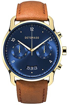 DeTomaso SORPASSO Chrono Gold Blue Blau Herren-Armbanduhr Analog Quarz Leder Braun