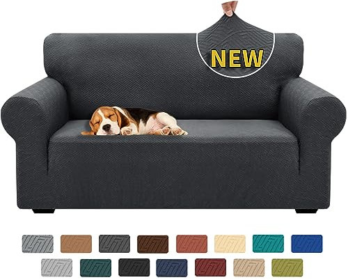 XINEAGE Sofabezug 2 Sitzer, High Stretch Sofaüberwurf für Wohnzimmer, Moderne Sofaüberzug, Jacquard Sofa überzug für Hunde, Haustiere, Rutschfester Sofa Cover (2 Sitzer, Dunkel Grau)