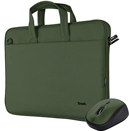 Trust Bologna Sac pour Ordinateur Portable et Souris, Sac Mince pour Ordinateur Portable Jusqu'à 16 Pouces, Souris sans Fil Silencieuse avec Conception Durable, 800-1600 DPI, pour PC – Vert