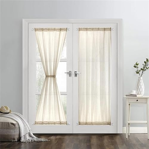 GYROHOME Tende per porta alla francese, in finto lino, trasparenti, in voile, per proteggere la privacy, per porta d'ingresso, patio, porta, 2 pannelli, 100 x 200 cm, colore: beige