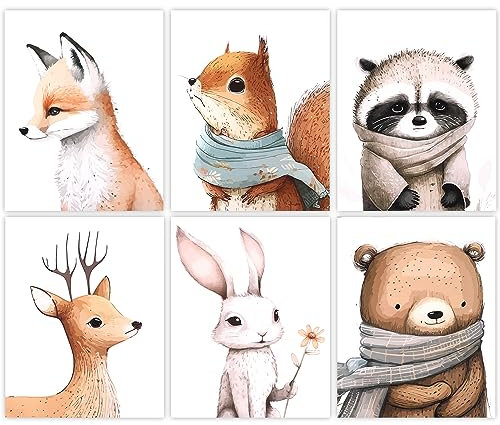 6 Stück Tier Leinwand Wandkunst, Niedliche Tier-Leinwand-Kunst-Wanddekoration Hirsch Bär Kaninchen Fuchs Eichhörnchen, Waschbär Tier Poster Kinderzimmer Ungerahmt, 20,32 x 25,4cm