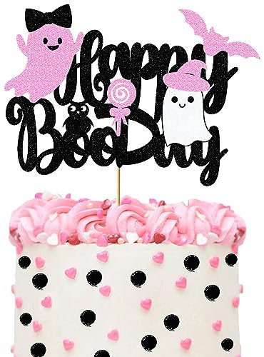 Halloween Cake Topper Happy Boo Day Birthday Toppers Decorations Glitter Pink Boo Cake Decoration for Boys Girls Halloween Boo Party Supplies for Baby Shower
