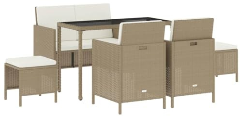 vidaXL 6-TLG. Garten-Essgruppe mit Kissen Beige Poly Rattan