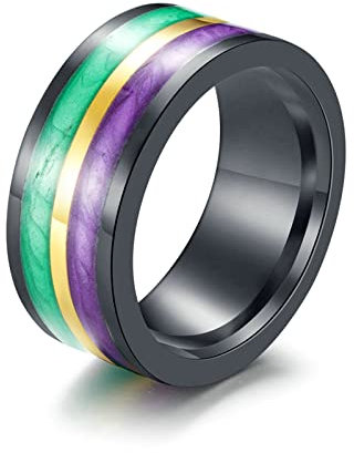 Lieson Verlobungsringe Edelstahl Männer, Grün Lila Emaille Streifen 10MM Freundschaftsringe Eheringe Hochzeitsringe Partnerringe für Herren Schwarz Gr.54 (17.2)