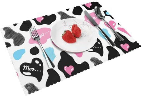 Platzsets aus Kuhfell mit Herzen, bedruckt, rutschfest, hitzebeständig, 45 x 30 cm, für moderne Küche, Zuhause, Esszimmer, 4 Stück