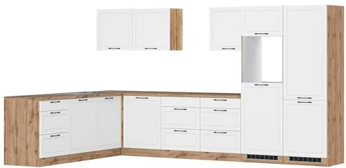 Lomadox Winkelküche Küche Einbauküche Küchenzeile L-Form 360/240 cm in weiß und Eiche, Arbeitsplatte in Eiche