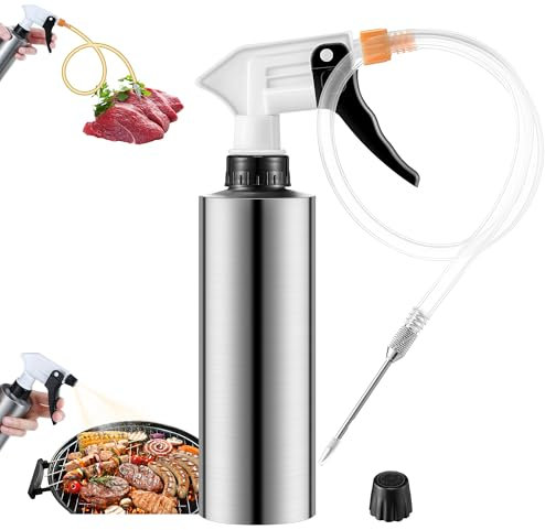 2 in 1 BBQ Spray Bottle for Smoking & Meat Injector, 10oz Leak Proof Smoker Spray Bottle with Fine Mist & Adjustable Nozzle, Dishwasher Safe Marinade Injector for Turkey, Brisket, BBQ