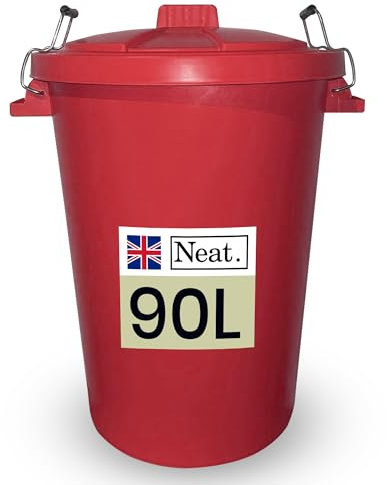 Neat. Large Plastic Bin - 90L, Heavy Duty Kitchen Bin with Metal Handle, Dustbin with Lid for Easy Refusal, Garden & Indoor Outdoor Rubbish Waste, Storage of Animal Feed, Red