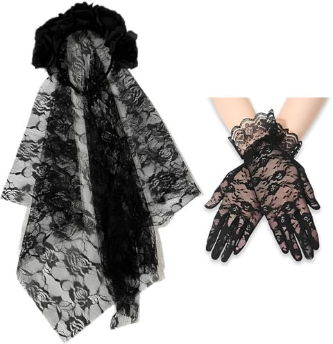 Tbczvx 2 Pcs Black Veil Set with Lace Headwear, Mesh Gloves, Rose Headband for Halloween Parties, Day of The Dead, Weddings, Dances