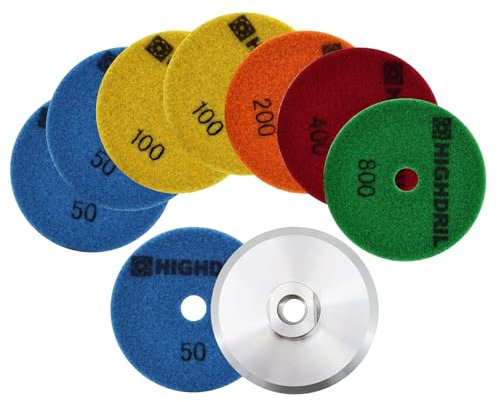 HIGHDRIL Diamant Trocken Polierscheiben Set - 8 Stück 100mm Körnung #50x3/100x2/200/400/800 Diamant Polier Auflagen + M14 Aluminium-unterlage für Granit Marmor Kunststein Quarz