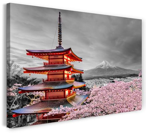 Printistico Leinwandbild (40x30cm) Asiatischer Tempel, Japan Fotografie mit Kirschblüten, echter Holz-Keilrahmen inkl. Aufhänger, handgefertigt in Deutschland
