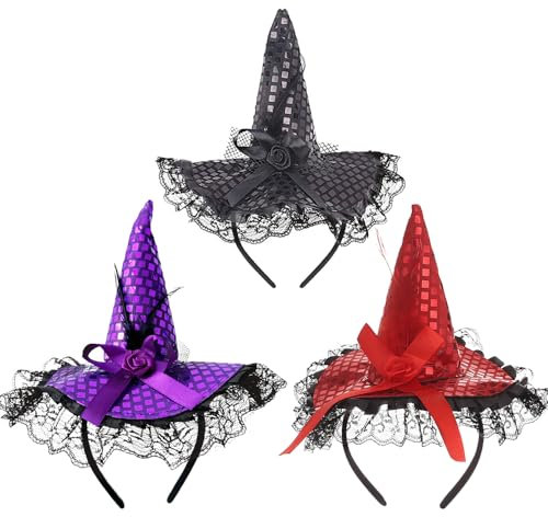LJTXX Halloween Hexenhut Stirnbänder, 3 Stücke Hexenhut Stirnband Halloween Haar Accessoires Hexe Haarband Kopfschmuck Hexenhut Haarreif für Halloween Party Gruselparty Karneval Cosplay Zubehör