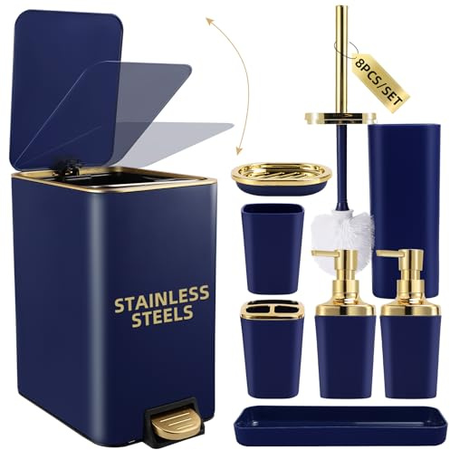 XLHOMO Juego de Accesorios de baño Azul Marino de 8 Piezas, Cubo de Basura de Acero Inoxidable, Juego de Cepillo de Dientes, dispensador de jabón