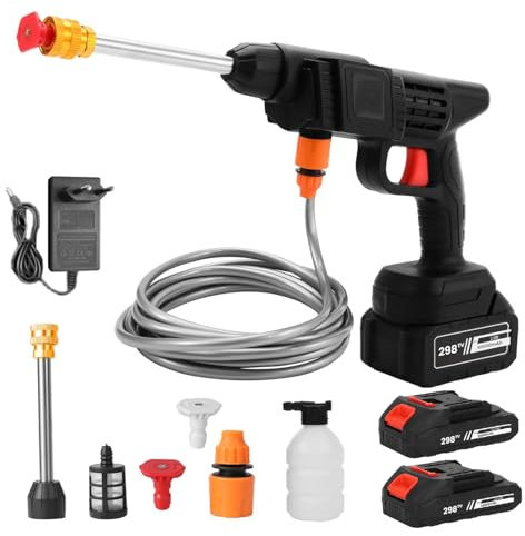 Akku Hochdruckreiniger, 21V Max 50 Bar Mobiler Akku Hochdruckreiniger mit wiederaufladbarem Akku, Tragbare Drucksprühwasserpistole für Auto Zaun Boden Rasen (2 x 10000mAh)