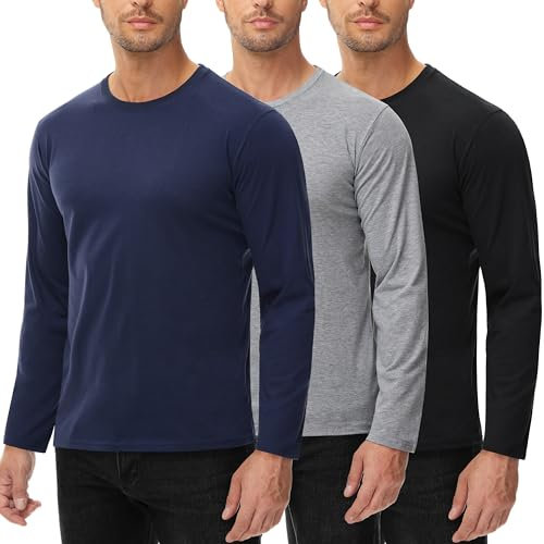 UEEKO 3 Pack Men's Cotton Long Sleeve T-Shirts Crew Neck Plain Multipack Tops for Training Hiking Sport, M