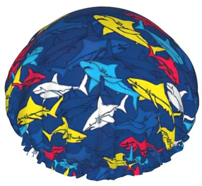 Damen-Duschhaube mit Hai-Druck, wiederverwendbar, elastisch, doppellagig, Haarkappe, Duschhaube