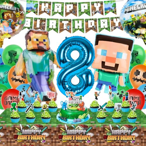 8th Balloons Birthday Decorations for Boys, 39Pcs Gaming Theme Kids' Party Decorations Set with Colored Latex Balloons, Foil Balloon, Cupcake Toppers and Banner