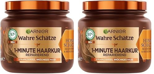 Garnier Wahre Schätze Reparierende 1-Minute Haarkur für brüchiges und strapaziertes Haar, Mit Akazienhonig und Bienenwachs für weniger Spliss und Haarbruch, 1 x 340 ml (Packung mit 2)