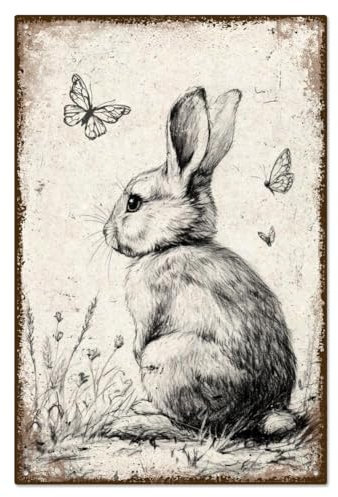 WADORN Niedliches Kaninchen Skizzen Blechschild Aus Metall Metallschilder Im Vintage Stil Mit Kaninchen Zeichnung Kaninchen Schmetterlinge Wandkunst Poster Plaketten Dekor Für Zuhause Küche 20x30cm