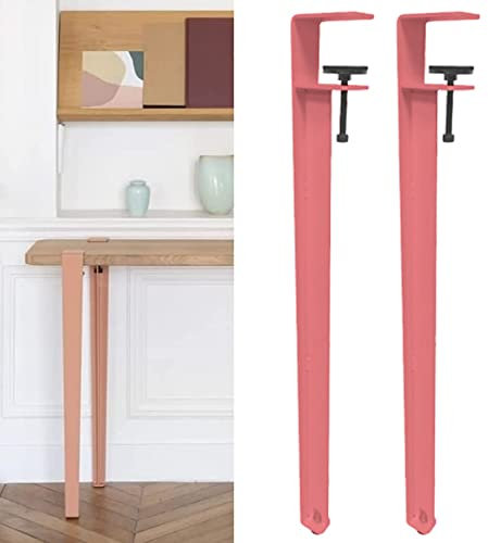 Lot de 2 pieds de table réglables en métal en forme de F amovibles pour table basse, banc, console sans perforation, rose (71 cm)