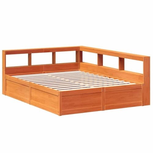 vidaXL Massivholzbett mit Regal ohne Matratze Wachsbraun 150x200 cm, Holzbett mit Regal, Massivholzbett mit Regal, Bett, Holzbett mit Bücherregal