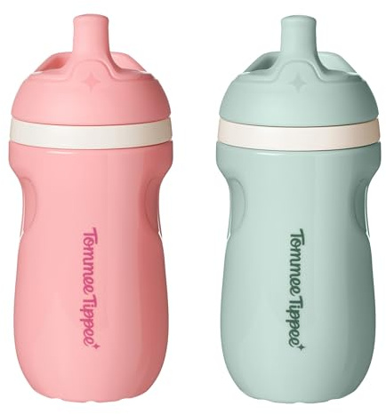Tommee Tippee Insulated 9oz Sporty Spout Toddler Water Bottle, No Spill Sippy Cups for Toddlers 1-3, Two-Piece Valve Helps Stop Spills, BPA Free, Pink and Mint, Pack of 2