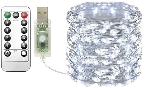 Clarhill Guirlande lumineuse USB 20 m Blanc froid 200 LED USB avec télécommande, 8 modes, minuterie et intensité variable pour Noël, chambre à coucher, décoration intérieure ou extérieure