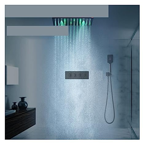 XCHSXYL Doccia, Pannello Doccia massaggiante Nero Digitale, Set Rubinetto Doccia LED con Getto Spa a Pioggia, Kit Miscelatore valvola termostatica Facile da installare (16 Pollici con LED)