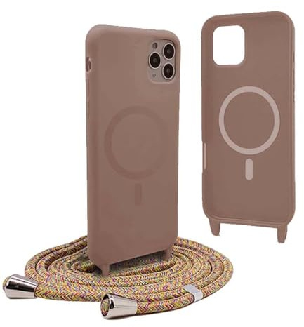 YFSYLL Handykette Hülle für iPhone 11 Pro Max mit Band,Magnetische Silikon Handyhülle Kompatibel mit MagSafe,Handyhülle für zum Umhängen Einstellbar und Abnehmbar - Braun
