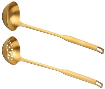 FZL02068LM Cuisine Lot de 2 louches à Soupe en métal doré avec Long Manche en Acier Inoxydable Vaisselle
