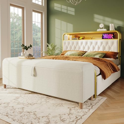 Easexcy 165 x 38cm Bettbank mit Stauraum, Polsterbank mit Hydraulischem Stauraum, Geeignet für Schlafzimmer, Wohnzimmer und Flur, Beiger Cord-Optik. (165x38cm)