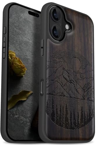 Carveit Holz Cover für iPhone 17, Dunklesholz-Alpensee | Handyhulle kompatibel MagSafe Massivholz für iPhone 17 Handyhülle Stoßstange Weich TPU Case