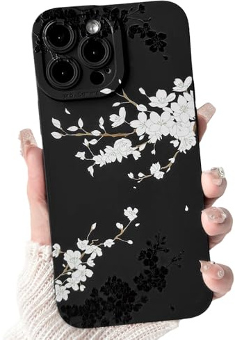 NITITOP for iPhone 13 Pro Case Cute Cherry Blossom, Black White | for Women Girls, Aesthetic Flower Floral Pattern, Soft TPU Shockproof Cover, Full Camera Protection