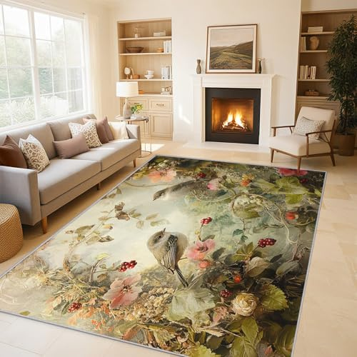 Generisch Blumenvogel Teppich, Teppich Wohnzimmer Floral Botanisch Vintage 140x200cm, Kurzflor rutschfest Waschbarer Teppiche, Teppiche für Kinderzimmer Schlafzimmer Jugendzimmer QAZ1