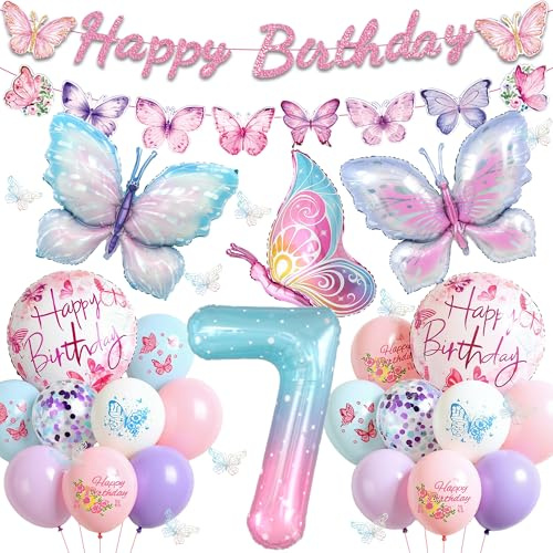 Tasoraor Schmetterling Deko Geburtstag 7 Jahre Mädchen - 46 Stück Geburtstagsdeko Luftballons Girlande und Folienballon, Rosa Schmetterlinge Ballons für 7. Kindergeburtstag Dekoration