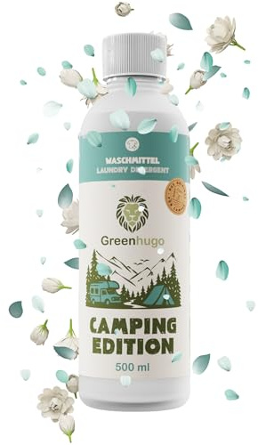 Greenhugo Öko Waschmittel 500 ml – Vegan, Hypoallergen & Hautfreundlich – Nachhaltiges Waschmittel mit frischem Blumen-Duft für Kleidung & Campingwäsche – Camping Edition