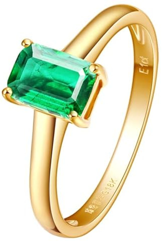 Homxi Trauring 585 Ring Damen Gelbgold, Solitär Rechteck mit Erstellter Smaragd 0,6 Karat, Gold Grün Damen Ringe Verlobungsringe Eheringe Gr. 51 (16.2)