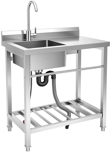 Mqwdxzfes Gewerbe Edelstahl Spültisch, Einzelbecken Freistehende Küchenspüle mit Arbeitsplatte, Unterschrank & Regal, Profi Spültisch, Gastrospüle Spülbecken, Arbeitstisch Waschbecken (80x55x84cm)