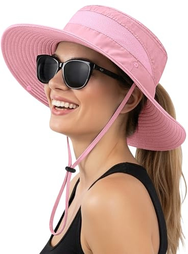 Lonya Sonnenhut Damen Herren UV Schutz Fischerhut Unisex Sommer Pferdeschwanz Wanderhut Casual Faltbar Tragbar Outdoor Breite Krempe Hut,A-Rosa