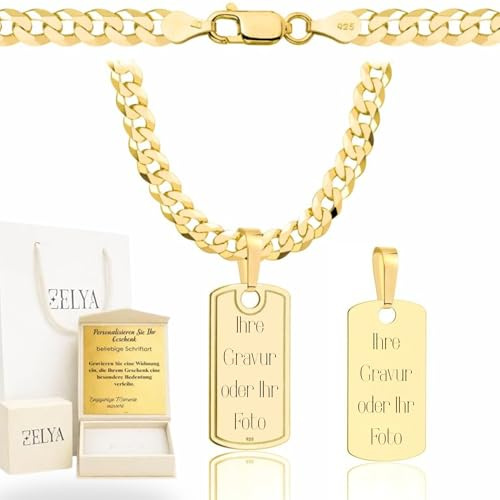 ZELYA Vergoldete 925/585 14K Panzerkette 2/3,8/5/ 5,6 mm mit Dog Tag Anhänger – Herren Halskette Gold kette– Erkennungsmarke personalisiert, Kette und box mit Gravur, hundemarke lange 45–70 cm