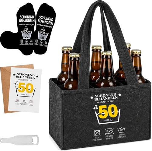 PIujsym Geschenke zum 50 Geburtstag Mann, 5 Stück Set mit Männerhandtasche Bier und Bierträger, Lustiger Flaschenöffner Socken und Karte für den 50 Geburtstag, Bier Geschenk für Vatertag Papa Opa
