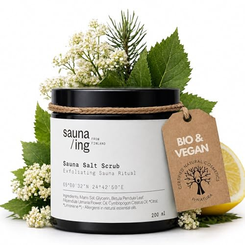 sauna/ing Sauna Salz Peeling Kiefer & Zitronengras 200 ml – Meersalz Körperpeeling für Sauna & Dusche – Salz-zu-Gel Peeling, feuchtigkeitsspendend & glättend – Vegan, Made in Finland