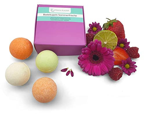 Kleine Auszeit Manufaktur 4 exklusive Badekugeln/Badebomben Sommerfrische in der Geschenkbox/im Geschenkset, vegan, palmölfrei, handgemacht, plastikfrei
