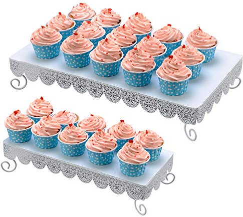 BAKAJI Lot de 2 lève-gâteaux en métal, Plateau élévateur pour gâteaux en métal, Petit gâteau à Muffins, Mariage, Couleur Blanche, 2 Dimensions