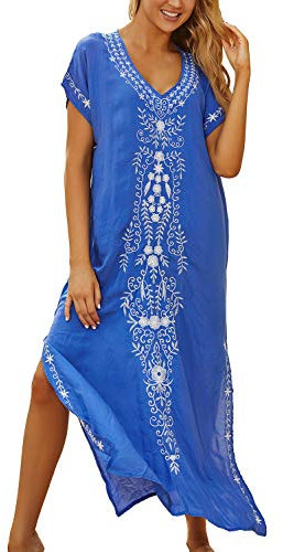 LikeJump Women's Cotton Embroidery Beach Maxi Dress Long Kimono Swim Suit Cover Ups Plus Size Blue