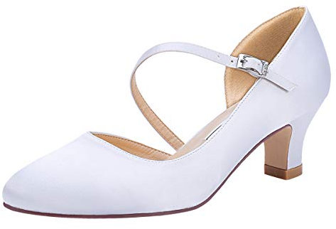 Duosheng & Elegant HC2002 Runde Zehen Komfort Niedriger Absatz Blockabtz Mary Jane Schnalle Satin Hochzeitsschuhe Brautschuhe Weiß Gr. 41