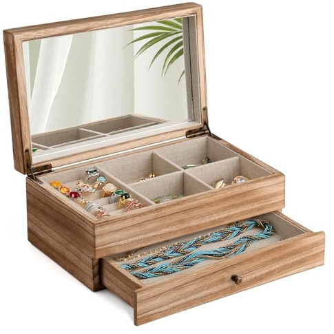 Meangood Schmuckkästchen für Damen, 2-lagig, groß, rustikale Holz-Schmuckschatulle mit Spiegel und Ringablage für Halsketten, Ohrringe, Armbänder, Ringe, Vintage-Stil (Fackel-Holz)